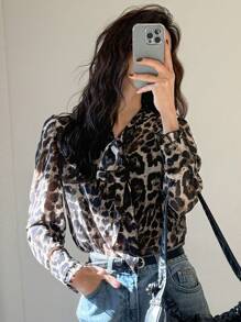 DAZY Women's Fashionable Leopard Print Mesh Ruffled Collar Blouse, Autumn Cheetah Print Long Sleeve Top