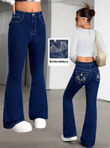SHEIN Teen Girls Y2K Clothes Solid Washed Low Rised Embroidery Detail Flare Leg Jeans With Slanted Pocket - Medium Wash - View 1