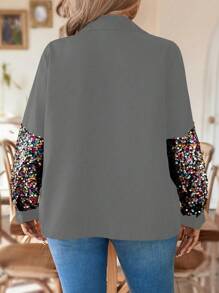 Calvaya Plus Size Women Sequin Patchwork Long Sleeve Single-Breasted Pocket Shirt, Fashionable Autumn Fall Cloth For Women - Grey - View 2