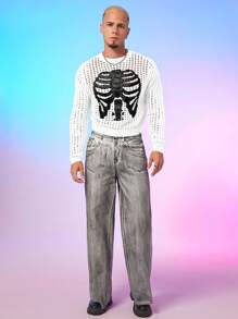 FeverCity Men's Skeleton Print See-Through Crew Neck Sweater, For Fall Winter - Multicolor - View 3