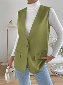 SHEIN Essnce Casual Loose-Fit Solid Color Suit Vest - Army Green - View 5