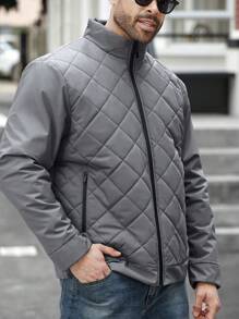Manfinity Homme 大码男士纯色拉链夹克，休闲时尚，适合日常穿着，冬季 - 灰色 - 查看 5