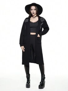 ROMWE Gothic Snake And Floral Embroidered Long Cardigan, Casual - Black - View 6