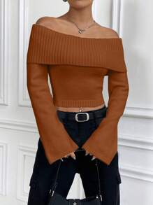 Flirla Top casual de manga larga y hombros descubiertos de un solo color para uso diario de la mujer