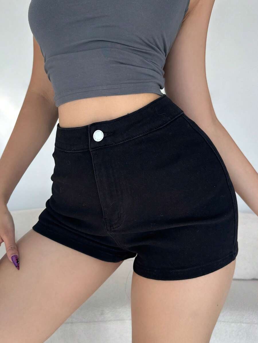 SHEIN EZwear 女士性感紧身牛仔短裤，弹性超短裤，带衬里，黑色 - 黑色 - 查看 1