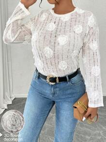 Calvaya Plus Size 3D Embroidered Rose/Flower Decor Blouse, Suitable For Valentine's Day Fall Cloth For Women