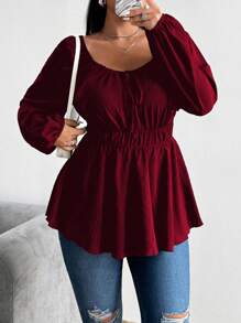 Sunspun Plus Size Drawstring & Elastic Waist Front Button Long Sleeve Shirt Peplum Top Fall Cloth For Women - Burgundy - View 1