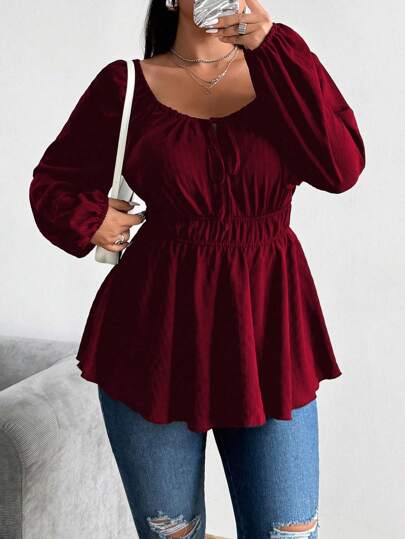 Sunspun Plus Size Drawstring & Elastic Waist Front Button Long Sleeve Shirt Peplum Top Fall Cloth For Women