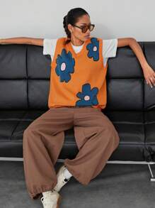Manfinity Unisex Unisex kwiatowy wzór bezrękawnik z dekoltem w serek, dzianinowy, odpowiedni do noszenia na ulicy, jesień/zima