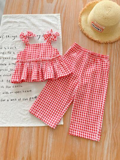 SHEIN LMoss Kids LMoss Baby Girls Summer Cute Striped Camisole And Elastic Waist Pants 2 Pieces Set
