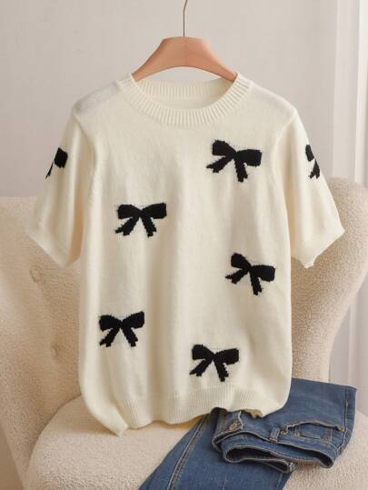 CosyJoli Plus Size Casual Elegant Bow Jacquard Stickad Crewneck-tröja