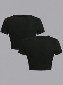 SHEIN Unity 2 件黑白短款 T 恤套装，纯色简约时尚休闲日常穿着 - 黑色 - 查看 2