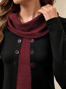EMERY ROSE 情人节纽扣女式衬衫 长袖女式衬衫 通勤装 黑色拼色格子女式长袖高领衫 女式 T 恤 - 紅色 - 查看 3
