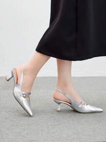 CUCCOO BIZCHIC Women's Pointed Toe Cut-Out Double Strap Buckle Stiletto Heels, Faux Leather Silver Mid-Heel Pumps For Work, Office, Formal Occasions For Christmas And New Year Holiday Vibe Fall And Winter - Silver - View 4