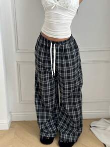 CovetEZ Pantalones holgados de talla grande para mujer con cordón en la cintura y estampado de cuadros, aptos para otoño/invierno