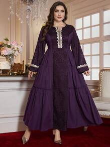 Al Najma Vestido acampanado de satén jacquard de cuello redondo y manga acampanada, corte ajustado, talla grande para mujer