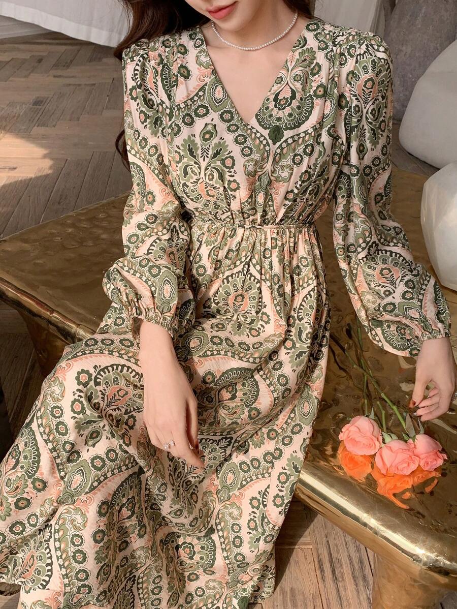 DAZY Women V-Neck Allover Floral Print Long Sleeve Casual Slim Fit Midi Dress,Fall Dress