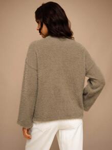 Forever 21 Women Solid Color Front Zipper Long Sleeve Minimalist Top, Casual Everyday Wear - Camel - View 3