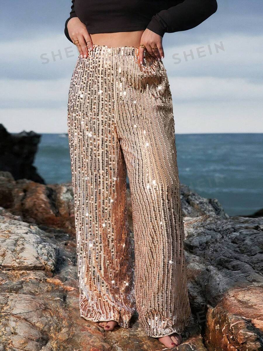 SHEIN VCAY Pantalones anchos elegantes con cintura elástica, adornados con perlas para mujer talla grande. Ropa de Navidad para mujer, ropa de invierno navideña, ropa estilo Y2K, conjunto de mujer para año nuevo, atuendo de vacaciones, pantalones brillantes y con lentejuelas, trajes de rave, ropa de festival, pantalones estilo Y2K, atuendo del Día de San Valentín, ropa románica