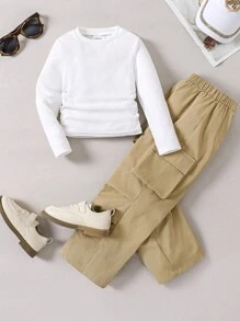 Young Girls Ribbed Pleat Trim Short Sleeve T-Shirt And Relaxed Fit Cargo Pants Outfit, 2pcs Set,Spring Autumn Winter ,Cool Girl Daily Look, Back To School,Suitable For Autumn And Winter,Daily Wear School Daily, Mom And Daughter & Sisters Matching