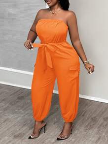 Slaydiva Mono informal de unicolor para mujer talla grande con cinturilla, bolsillos y piernas entalladas - Diseño C