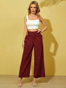 SHEIN Essnce Women's Solid Color Side Tie Waist Loose Wide Leg Casual Woven Long Pants
