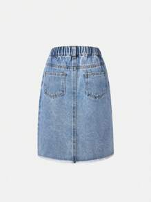 SHEIN Girls Water-Washed Soft Asymmetrical Hem Slit Casual Elastic Waist Denim Mini Skirt, Fashionable For Spring & Summer - Medium Wash - View 2