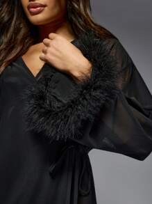 MISSGUIDED Sheer Mesh Robe Marabou Feather Trim Long Sleeve Wrap Style Lounge Wear Intimate Nightwear Fall Winter Holiday Gift - Black - View 4