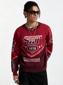 Manfinity VCAY Suéter casual de hombre con cuello redondo, mangas largas, detalles gráficos de letra y parches de unicolor