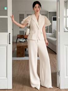 DAZY Women Front Button Short Sleeve Simple Top And Long Pants Suit Business Attire - White - View 3