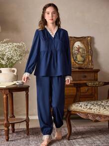 SHEIN 少女纯色海军蓝两件套睡衣套装，蕾丝撞色长袖上衣和长裤，休闲家居服
