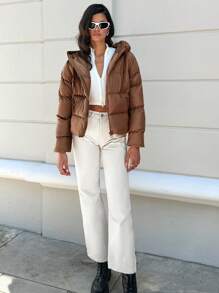 EURMUSE Zip Up Hooded Puffer Coat - Brown - View 5