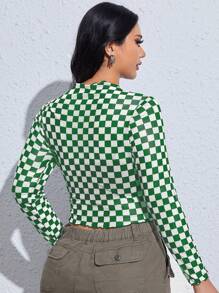 SHEIN EZwear Parte superior recortada de malla con estampado de cuadros verdes y blancos, tallas grandes, para el verano