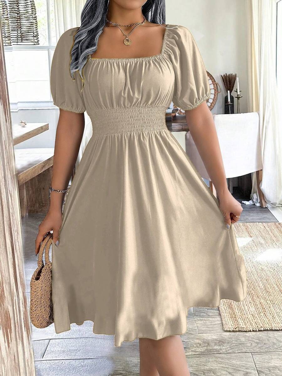 Chiquease Vestido de mujer con cuello cuadrado, mangas abullonadas y cintura ceñida, en color verde, para primavera/verano - Albaricoque - Ver 1