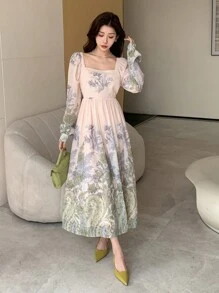 DAZY Robe midi à manches lanternes, col carré et imprimé floral complet pour femmes, volants