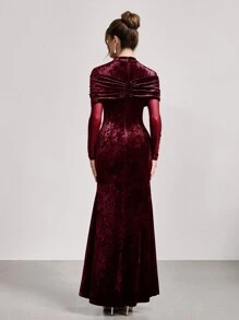 SHEIN Belle Women's Solid Color Form-Fitting Long Sleeve Cocktail Dress With Mesh Inserts, Wedding Guest Dress, Party Dress - Red - View 2