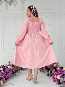 Sunnyshic Plus Size Women Scoop Neck Patchwork Waist Tie Long Sleeve Mid-Length Elegant Retro Cute Dress,Valentine