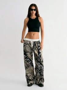 StreetHx Street Style Wide Leg Letter & Camo Print Baggy Pants With Pockets Fall Cloth For Women - Multicolor - View 5