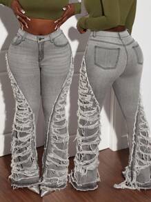 Slaydiva Women's Sexy Ripped Gray Flared Pants Jeans - Grey - View 1