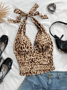 Soleia Women's Vacation Knitted Mesh Leopard Print Halter V-Neck Tie-Bow Ruched Romantic Tank Top, Suitable For Date, Valentine's Day, Sexy, Party, Beach, Cruise, Easter, Carnival, Afternoon Tea - Multicolor - View 6