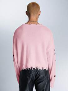 SWAVVY Men's Casual Cross Pattern Loose Dropped Shoulder Short Sweater - Pink - View 7