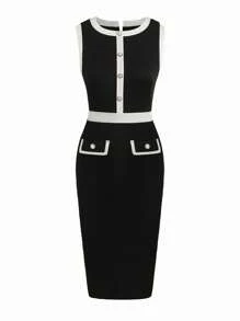 SHEIN Clasi Jachetă blazer tricotată neagră pentru femei de mărime mare și rochie de culoare contrastantă fără mâneci, ținută elegantă cu design de petrecere pentru femei - Negru - Vizualizare 8