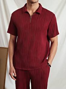 Manfinity VCAY 2pcs/Set Knitted Body-Fit Standup Collar Half-Zip Polo Shirt Set, Suitable For Summer