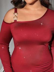 Ellevyn Abito elegante attillato con maniche lunghe, collo asimmetrico e glitter, taglia comoda per donne curvy - Rosso - Visualizzare 7