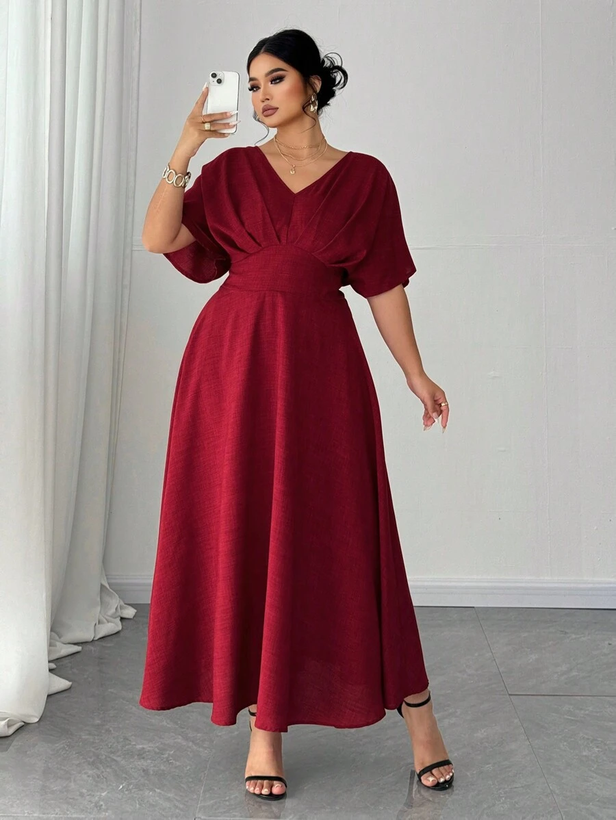 Elenzga Plus Size V-Neck Solid Color Short Sleeve Casual Dress, Simple & Fashionable For Everyday Wear,Valentine