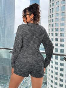 SHEIN EZwear 优雅人字纹长袖连体裤，秋冬休闲装 - 黑與白 - 查看 2