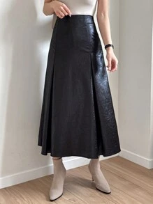 DAZY Women's Satin Textured Long Pleated A-Line Skirt
