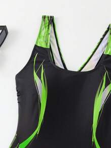 Swim SPRTY 大码女式多色印花和纯色拼接连体泳衣，无袖，适合游泳池和海滩，夏季