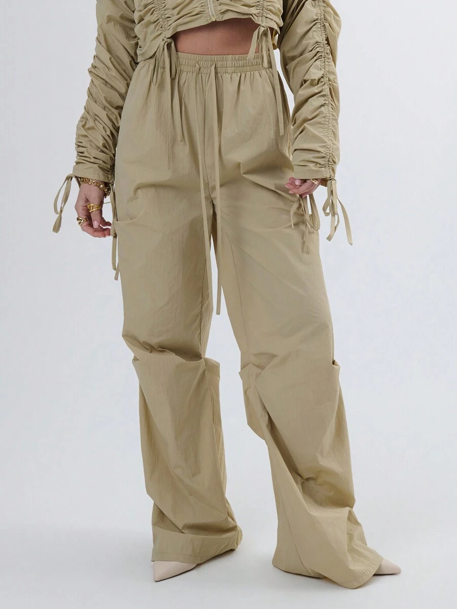 TypaGal Solid Nylon Oversized Pleated Leg Cargo Pants With Elastic Drawstring Waistband - Khaki - View 1