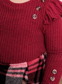 SHEIN Fern Glow  2pcs/Set Baby Girl Valentine's Day Cute Knitted Red Long Sleeve Top And Plaid Elastic Waist Skirt Outfit, Autumn/Winter/Spring